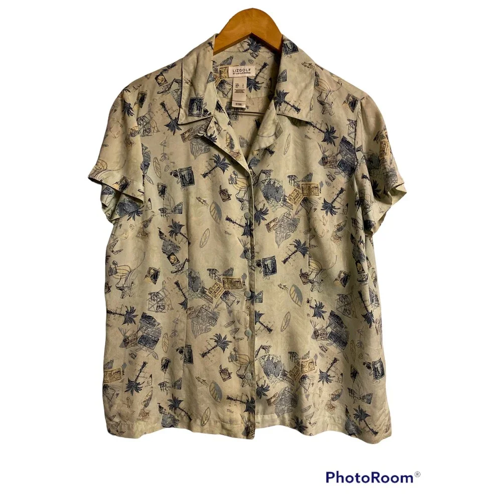 LIZGOLF Large Button Front Shirt Hawaii Palm trees Silk! - Picture 1 of 5